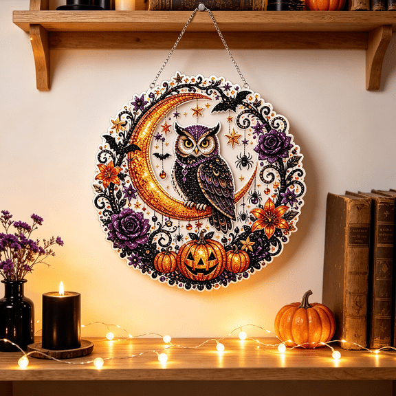 Fall Diamond Art, Autumn Harvest Pumpkin Art Hanging Ornament Kit| DIY Fall Pumpkin Craft with Sunflowers, Acrylic Diamond Painting Window Hanging Decor (Halloween Owl)