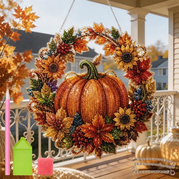 Fall Diamond Art, Autumn Harvest Pumpkin Art Hanging Ornament Kit | DIY Fall Pumpkin Craft with Sunflowers, Acrylic Diamond Painting Window Hanging Decor for Window Home Garden Wall