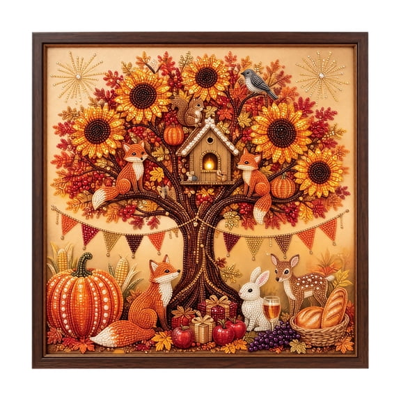 Fall Diamond Art Framed Wall Art Autumn Sunflower Tree Woodland Animal Decor for Thanksgiving and Seasonal Home Display