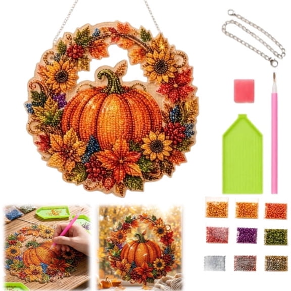 Fall Diamond Art Kit Halloween, DIY Pumpkin Wreath Hanging Ornament With Faceted Rhinestones, Seasonal Home Decor Craft (9.8 Inch)