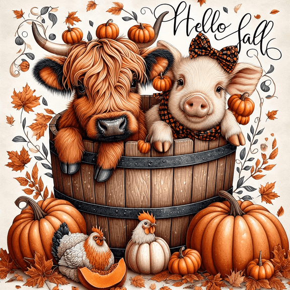 Fall Diamond Art Kits for Adults, Highland Cow and Pig Pumpkin Diamond Painting Kits for Beginners, 5D DIY Full Round Drill Diamond Dot Painting Gem Art Kits for Home Decor 12 x12 Inch