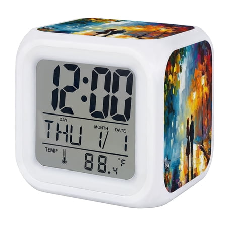 Fall Digital Alarm Clock for Bedrooms,Smart LED Alarm Clock with 7 Color Changing Night Light,Autumn Oil Painting Street Maple Leaves Yellow Blue Silent Wake Up Clocks for Sleep Study 3.2"x3.2"