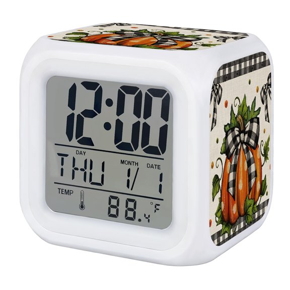Fall Digital Alarm Clock for Bedrooms, Smart LED Alarm Clock with 7 Color Changing Night Light, Orange Pumpkins Bow Thanksgiving Autumn Leaf Dot Plaid Silent Wake Up Clocks for Sleep Study Cooking