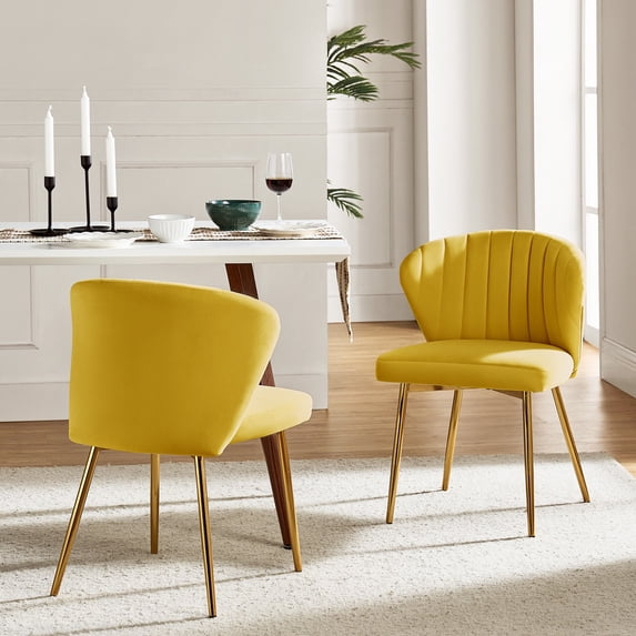 Home Velvet Dining Chairs Set of 2 Upholstered Wingback Accent Side Chairs Metal Legs Living Room Kitchen Yellow