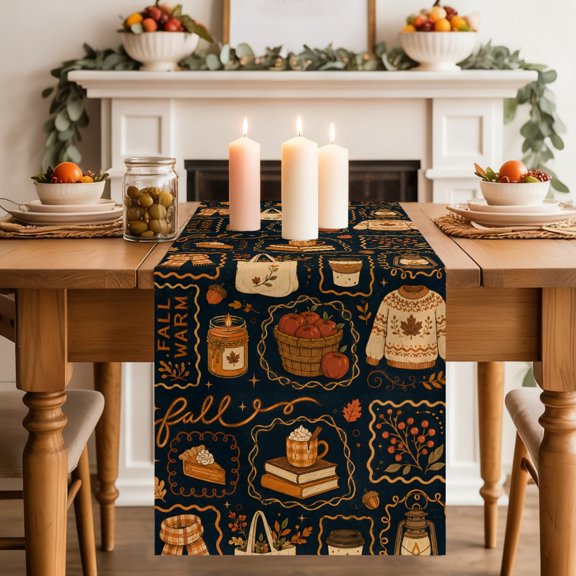 Fall Dining Table Runner, Knit Sweater Coffee Mug Tote Bag Autumn Rustic Washable Table Runners Kitchen Coffee Table Center Decor for Home Party Holiday Wedding 13 x 48 Inches