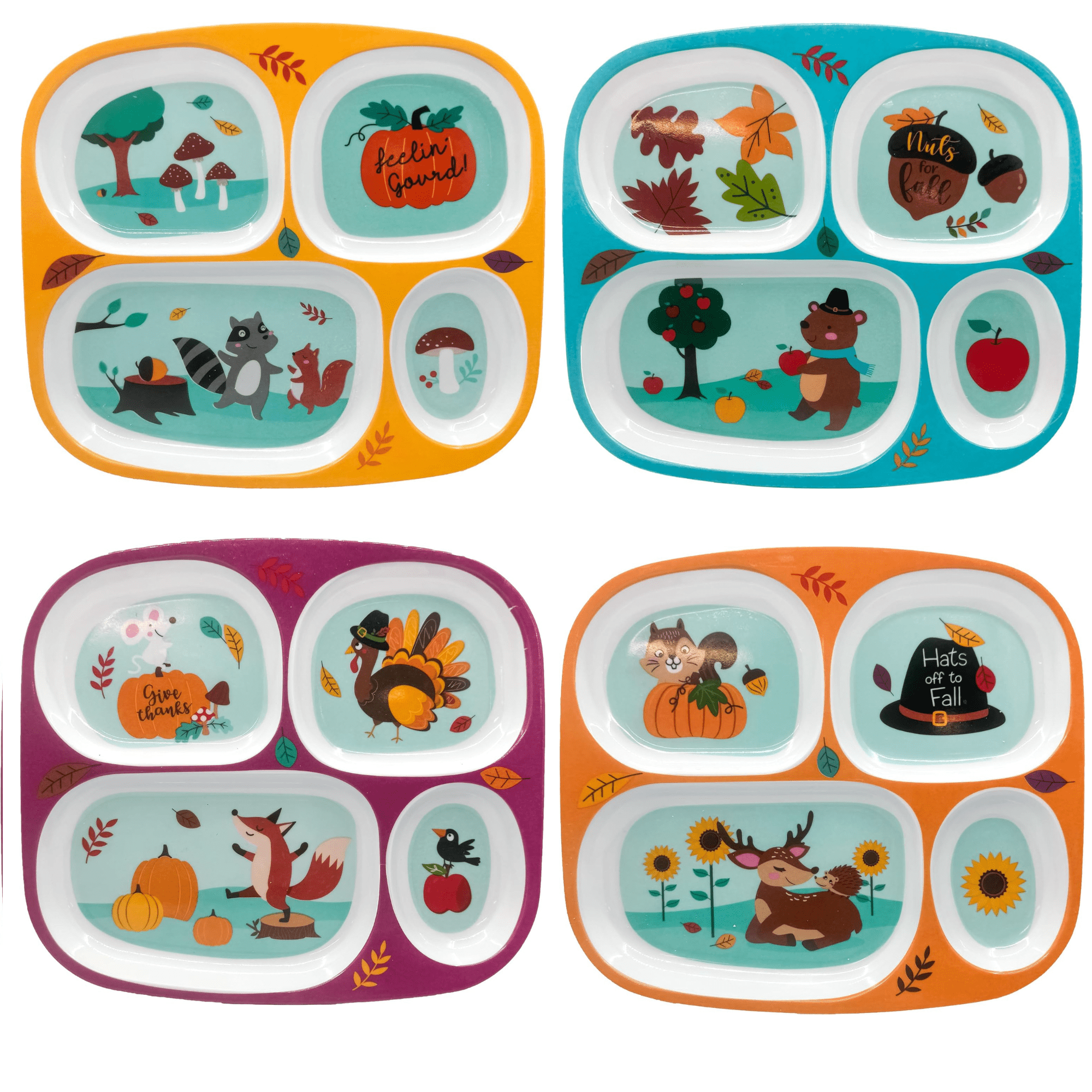 Fall Dinnerware Divided Plates for Kids Melamine Plastic Compartment Plates Reusable Set of 4 Halloween, Thanksgiving, Autumn themed Dishes, BPA Free, Top Rack Dishwasher Safe Woodland Creatures
