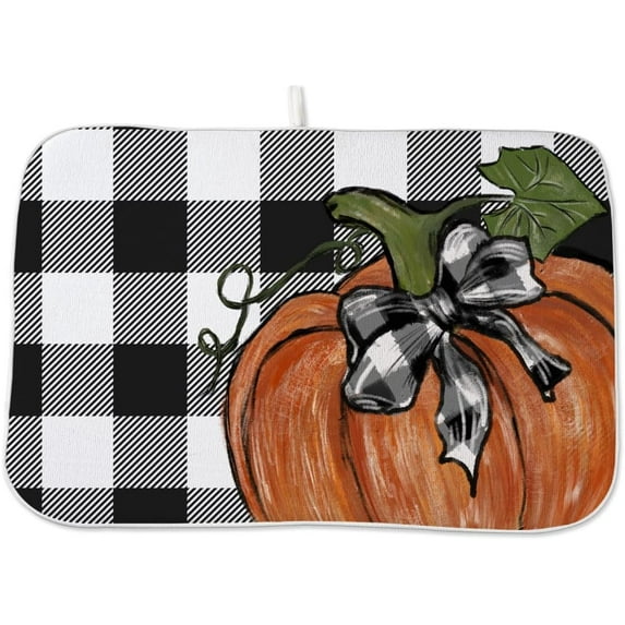 Fall Dish Drying Mat 18 x 24 Inch Thanksgiving Buffalo Plaid Pumpkin Drying Mat for Kitchen Counter Absorbent Farmhouse Autumn Orange Pumpkin Dishes Dry Pad for Drainer Rack Kitchen Fast Dry
