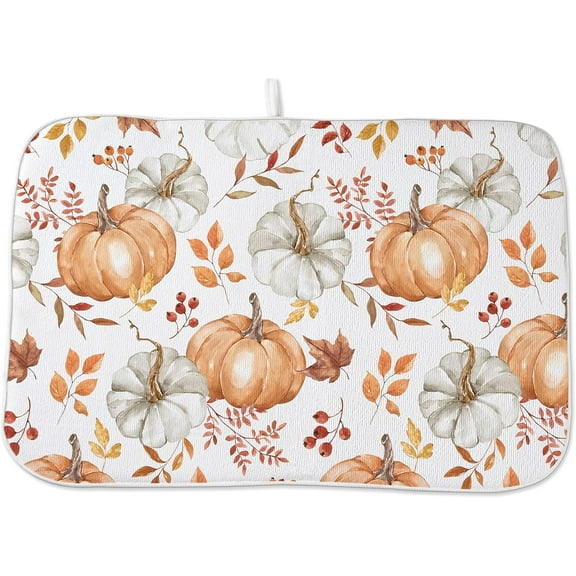 Fall Dish Drying Mat 18x24 Inch Watercolor Pumpkin Maple Leaves Drying Mat Autumn Harvest Thanksgiving Holiday Absorbent Dish Drying Pad Dish Rack Drainer Mats for Kitchen Dining Counter