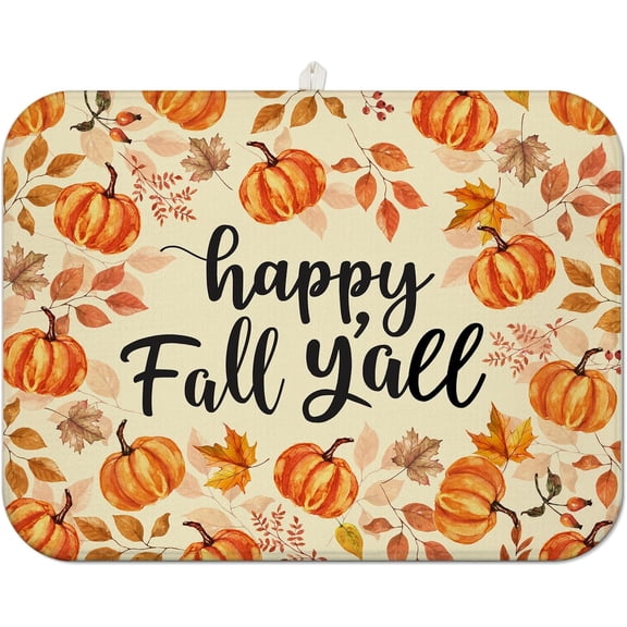 Fall Dish Drying Mat for Kitchen Counter,Autumn Pumpkin Maple Leaf Pattern Microfiber Drying Mat,Washable Absorbent Countertop Harvest Thanksgiving Dish Mat Drain Mat,18x24 Inch