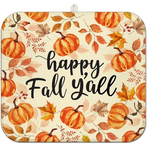 Fall Dish Drying Mat for Kitchen Counter,Autumn Pumpkin Maple Leaf Pattern Microfiber Drying Mat,Washable Absorbent Countertop Harvest Thanksgiving Dish Mat Drain Mat,16x18 Inch