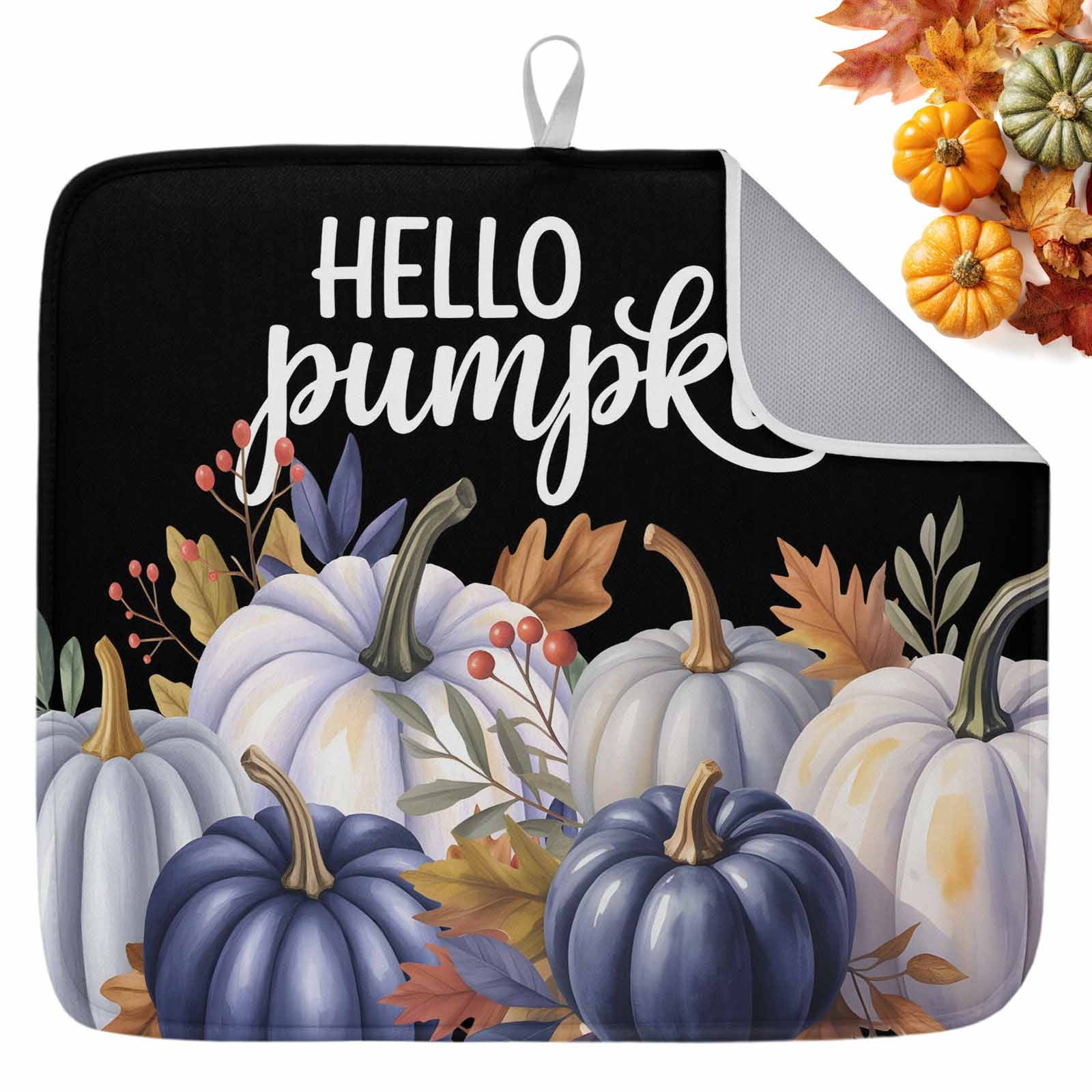 Fall Dish Drying Mat for Kitchen Counter Blue Hello Pumpkin Drying Pad ...
