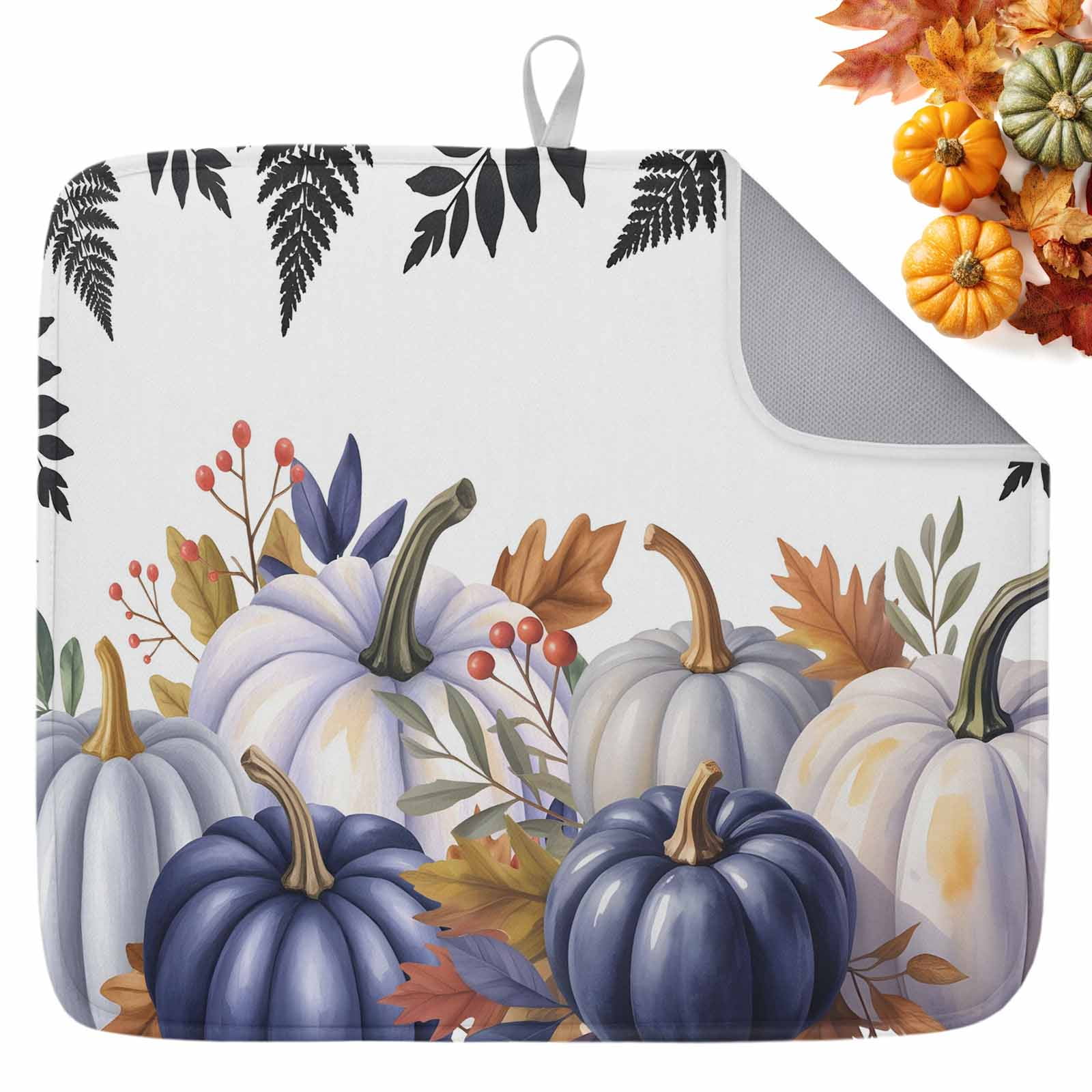 Fall Dish Drying Mat for Kitchen Counter Blue Pumpkin Drying Pad ...