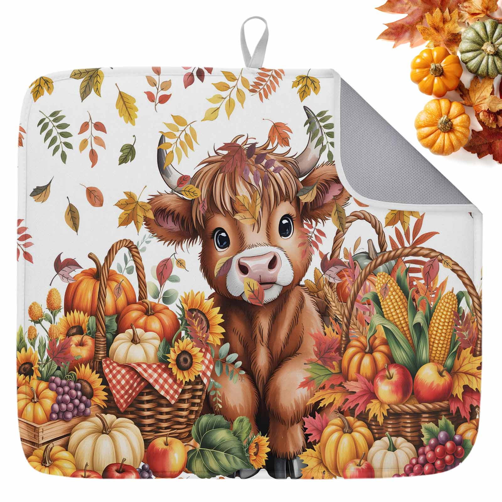 Fall Dish Drying Mat for Kitchen Counter Cow Harvest Pumpkin Drying Pad ...