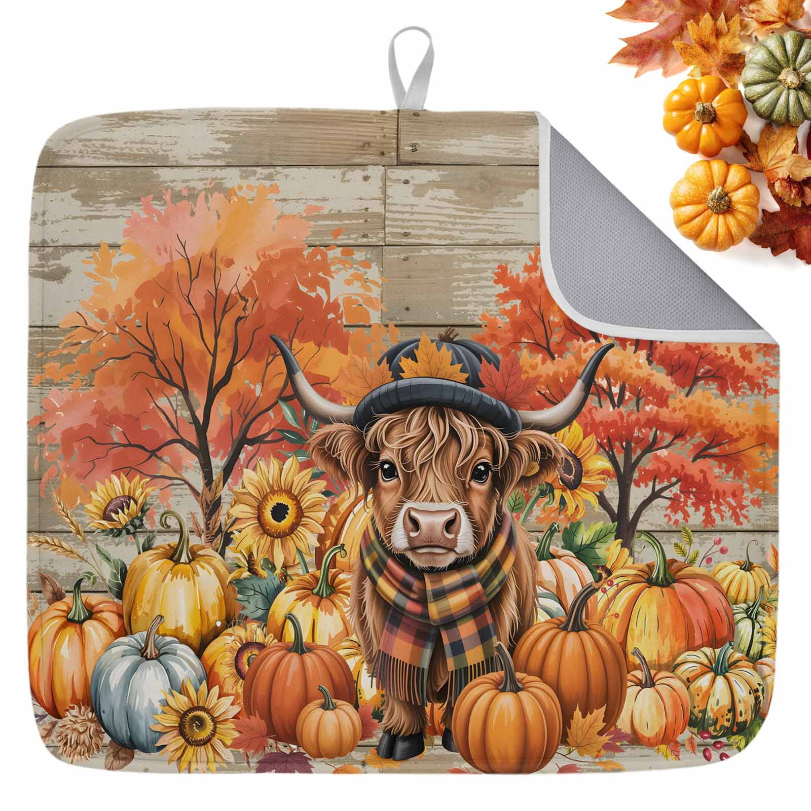 Fall Dish Drying Mat for Kitchen Counter Cow Pumpkin Drying Pad ...