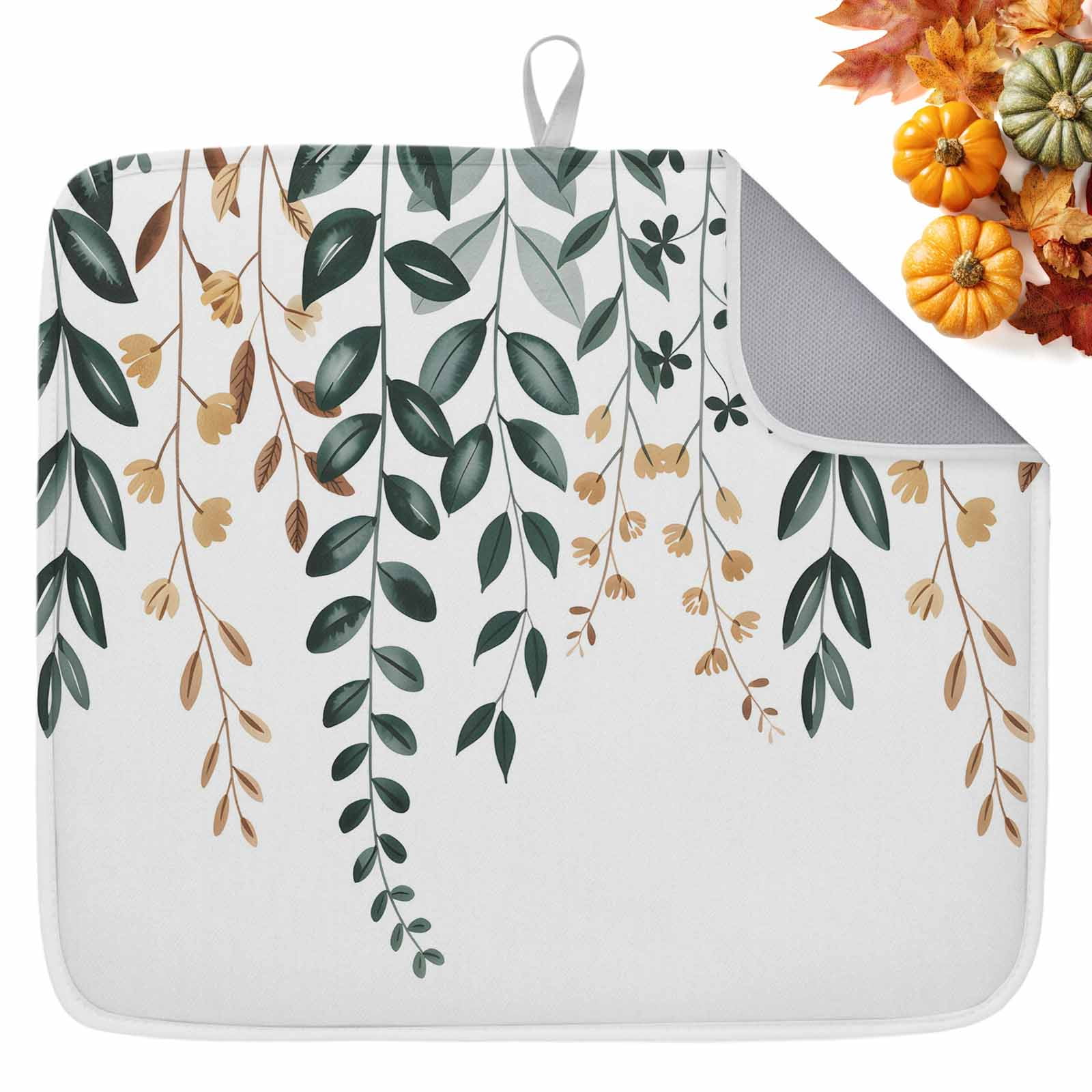 Fall Dish Drying Mat for Kitchen Counter Green Orange Leaves Drying Pad ...