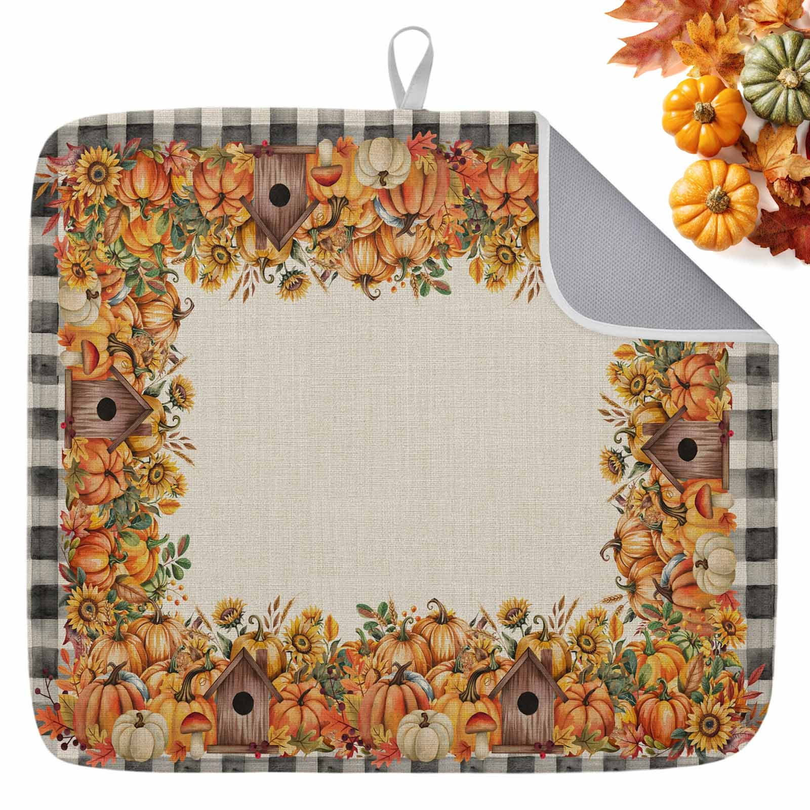 Fall Dish Drying Mat for Kitchen Counter Harvest Pumpkin Chalet Drying ...