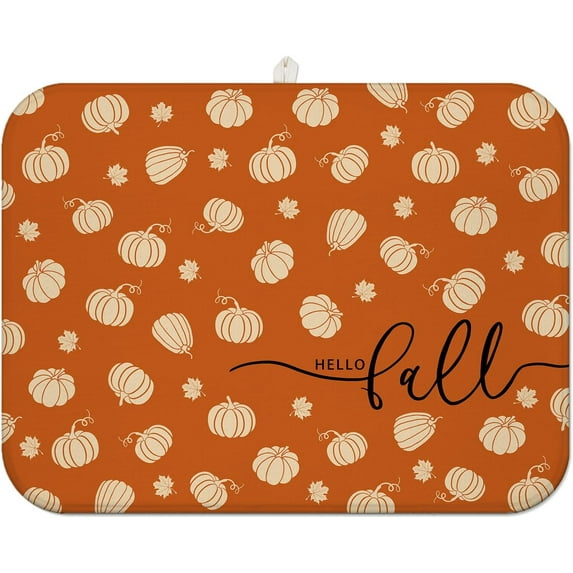 Fall Dish Drying Mat for Kitchen Counter,Orange Autumn Pumpkin Maple Leaf Pattern Microfiber Drying Mat,Washable Absorbent Countertop Harvest Thanksgiving Dish Mat Drain Mat,18x24 Inch