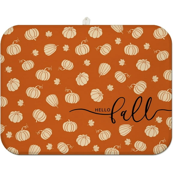 Fall Dish Drying Mat for Kitchen Counter,Orange Autumn Pumpkin Maple Leaf Pattern Microfiber Drying Mat,Washable Absorbent Countertop Harvest Thanksgiving Dish Mat Drain Mat,18x24 Inch