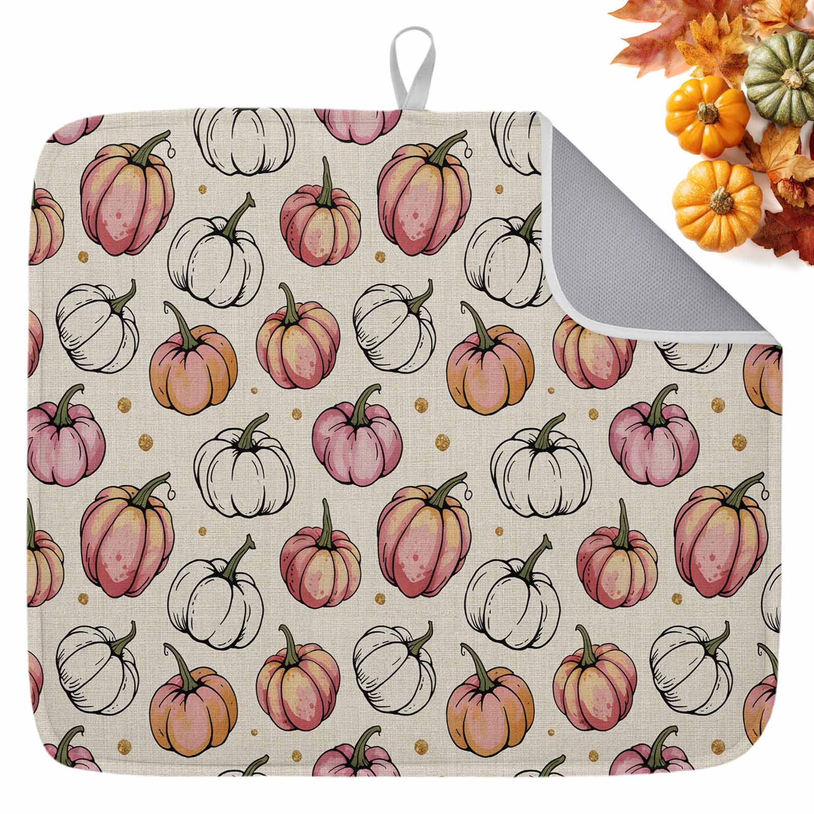 Fall Dish Drying Mat for Kitchen Counter Pink White Pumpkin Drying Pad ...