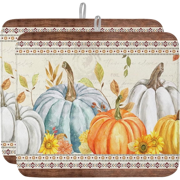 Fall Dish Drying Mat for Kitchen Counter Pumpkin Drying Pad Absorbent Drying Mats for Countertops Sinks Draining Racks Autumn Eucalyptus Leaves Drainer Holiday Harvest Thanksgiving Decorations 18x24