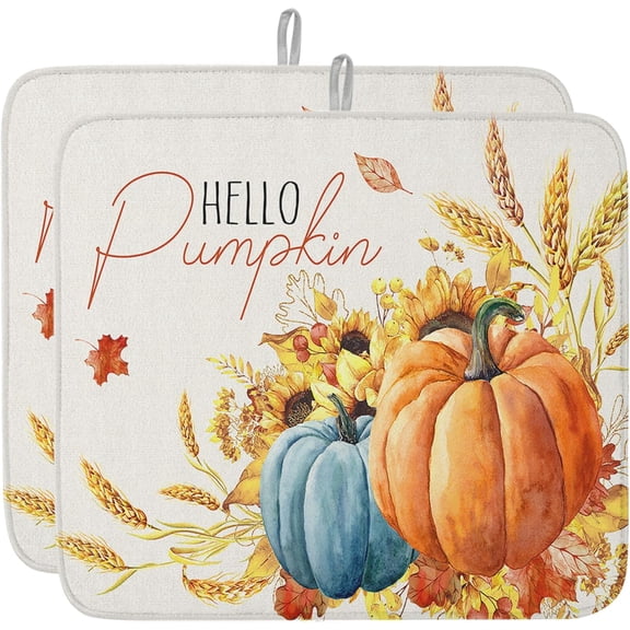 Fall Dish Drying Mat for Kitchen Counter Pumpkin Drying Pad Absorbent Drying Mats for Countertops Sinks Draining Racks Autumn Eucalyptus Leaves Drainer Holiday Harvest Thanksgiving Decorations 18x24