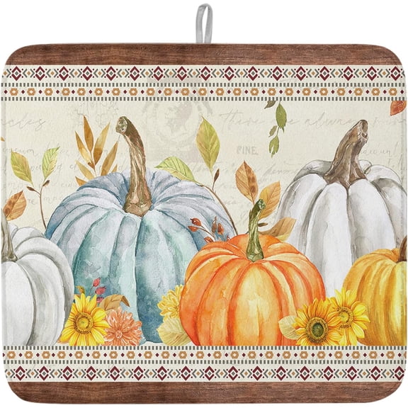 Fall Dish Drying Mat for Kitchen Counter Pumpkin Drying Pad Absorbent Drying Mats for Countertops Sinks Draining Racks Autumn Eucalyptus Leaves Drainer Holiday Harvest Thanksgiving Decorations 18x24