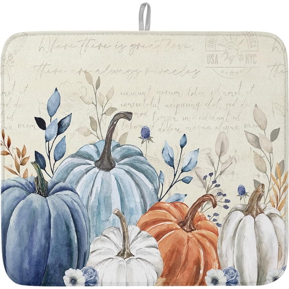 Fall Dish Drying Mat for Kitchen Counter Pumpkin Drying Pad Absorbent Drying Mats for Countertops Sinks Draining Racks Autumn Eucalyptus Leaves Drainer Holiday Harvest Thanksgiving Decorations 18x24