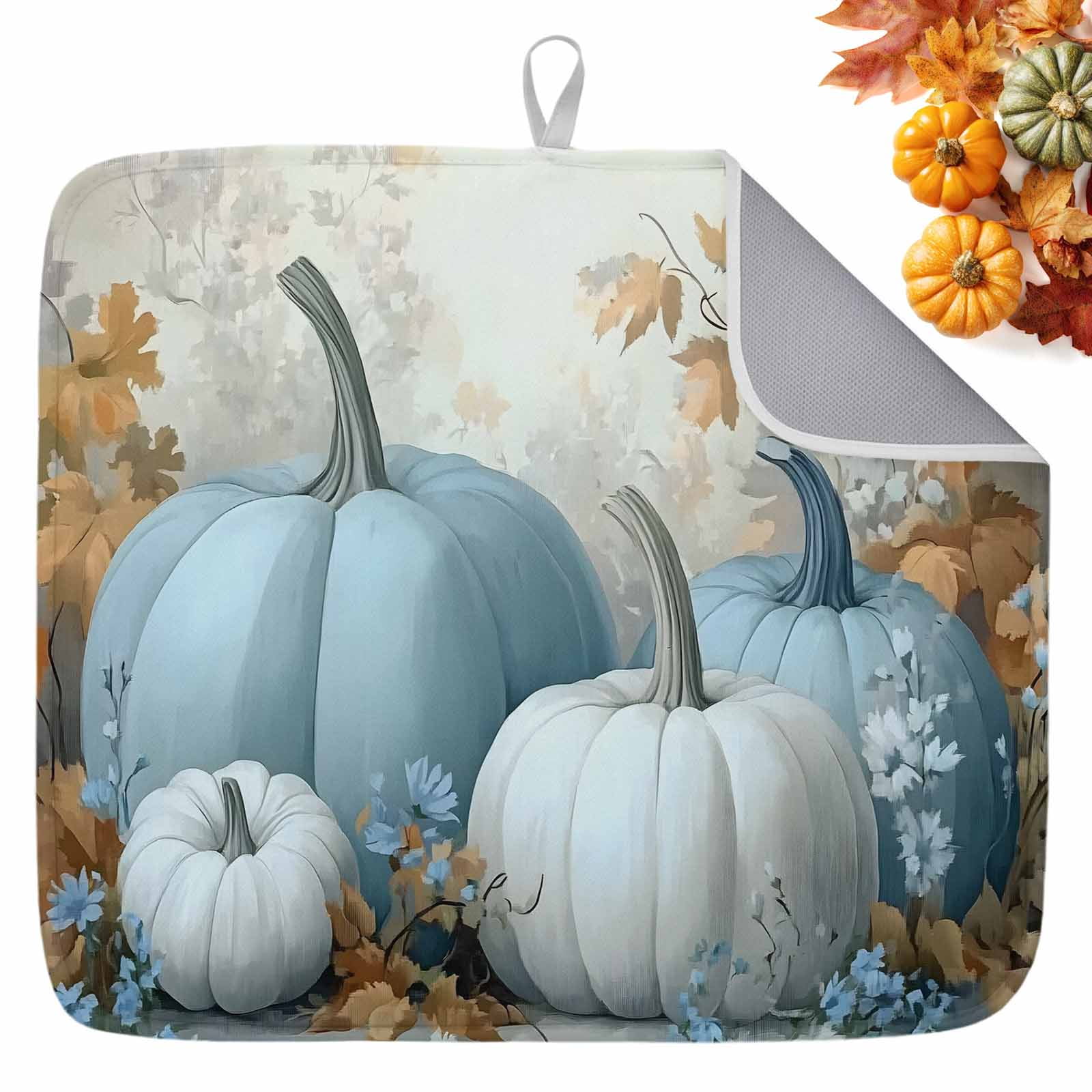 Fall Dish Drying Mat for Kitchen Counter Teal Blue Pumpkin Drying Pad ...