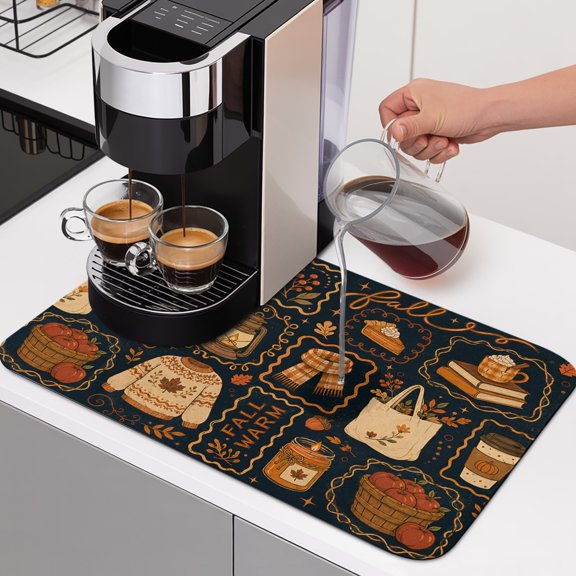 Fall Dish Drying Mats for Kitchen Counter, Knit Sweater Coffee Mug Tote Bag Autumn Rustic Absorbent Coffee Bar Mat with Non-slip Rubber Backed Quick Drying Dish Rack Pad 12"x16"