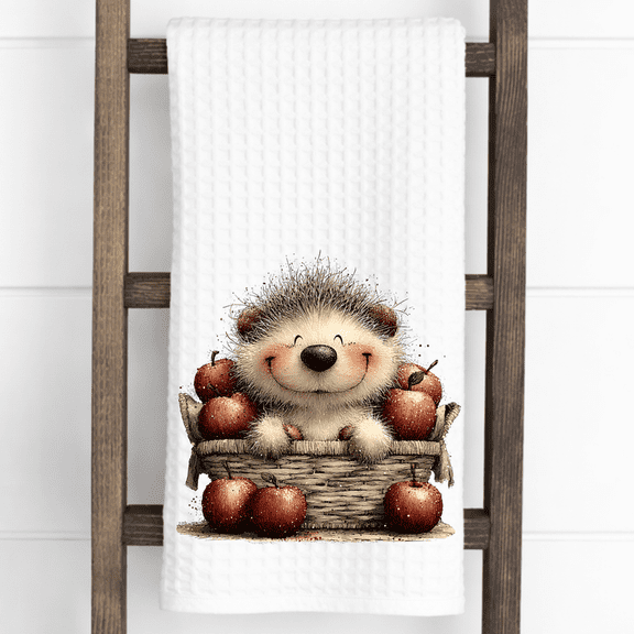 Fall Dish Towel Hedgehog Apple Kitchen Dcor 16x24 Waffle Weave