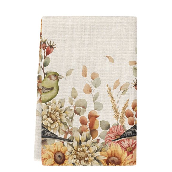 Fall Dish Towels, Autumn Sunflower Absorbent Kitchen Towels 1 Pack Bird Eucalyptus Leaves Linen Hand Towels Thanksgiving Dish Cloths Tea Towels for Home Bathroom Cleaning Drying,18X28 Inch