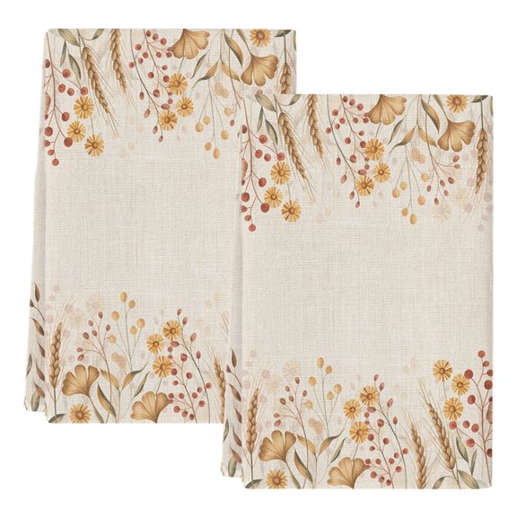 Fall Dish Towels, Autumn Wildflower Absorbent Kitchen Towels 2 Pack Wheats Ginkgo Sunflower Linen Hand Towels Thanksgiving Dish Cloths Tea Towels for Home Bathroom Cleaning Drying,18X28 Inch