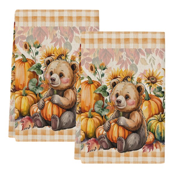 Fall Dish Towels, Brown Bear Pumpkin Absorbent Kitchen Towels 2 Pack Sunflower Maple Leaves Linen Hand Towels Thanksgiving Dish Cloths Tea Towels for Home Bathroom Cleaning Drying,18X28 Inch