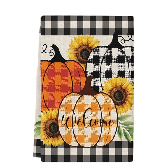 Fall Dish Towels, Buffalo Plaid Pumpkin Absorbent Kitchen Towels 1 Pack Sunflower Autumn Black Check Linen Hand Towels Thanksgiving Dish Cloths Tea Towels for Home Bathroom Cleaning,18X28 Inch