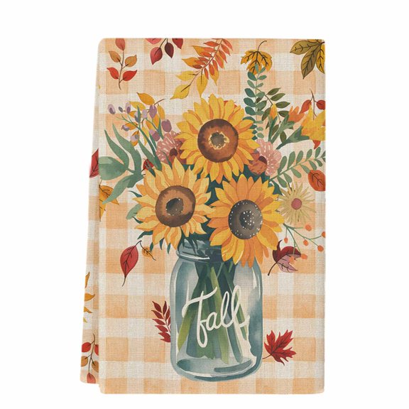 Fall Dish Towels, Sunflower Vase Absorbent Kitchen Towels 1 Pack Floral Leaves Orange Plaid Linen Hand Towels Thanksgiving Dish Cloths Tea Towels for Home Bathroom Cleaning Drying,18X28 Inch