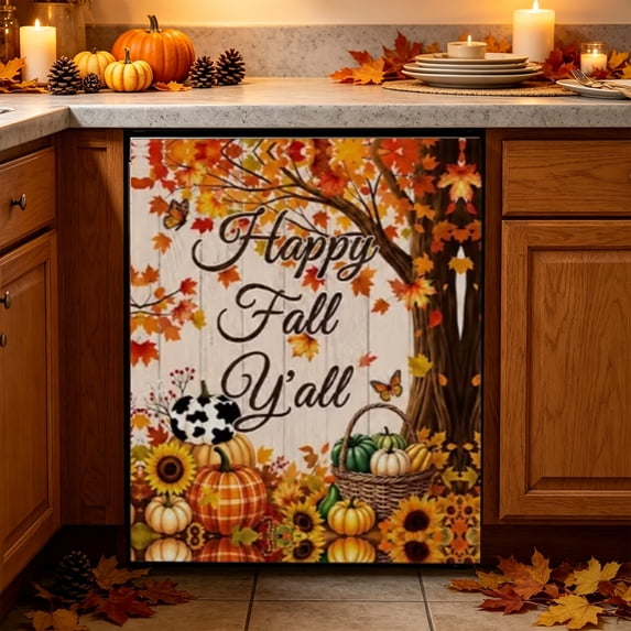 Fall Dishwasher Magnet Cover 23.03x25.59 In Happy Fall Yall Dishwasher Cover for Washers Fridge Panel,Thanksgiving Magnetic Covers for Kitchen,Fall Leaves Kitchen Decor(Khaki)