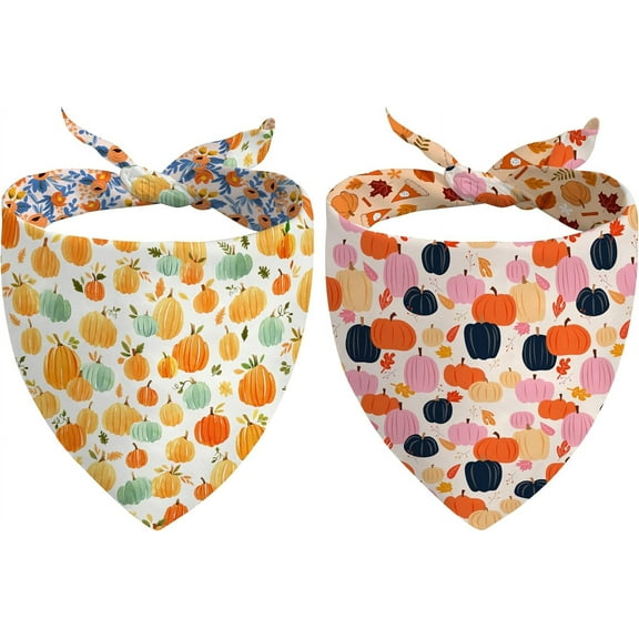 Fall Dog Bandana Reversible 2 Pack Large, Autumn Orange Pink Pumpkin Floral Leaves Cute Fall Pet Bandanas for Dogs Adjustable Triangle Holiday Scarves for Medium Large Extra Large Boy Girl Dogs