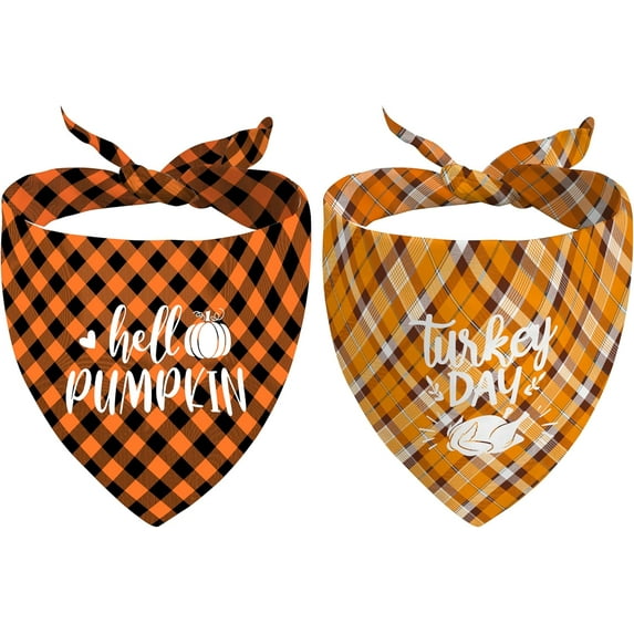 Fall Dog Bandana Reversible 2 Pack Small, Autumn Orange Black Buffalo Plaid Pumpkin Turkey Cute Fall Pet Bandanas for Dogs Adjustable Triangle Holiday Scarves for Small Medium Boy Girl Dogs