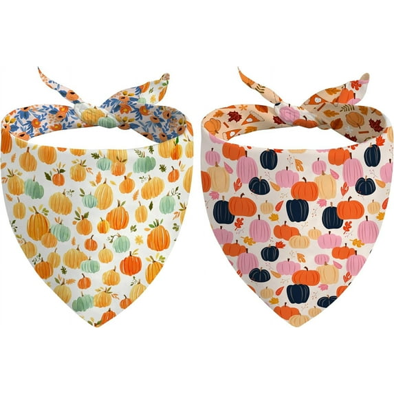 Fall Dog Bandana Reversible 2 Pack Small, Autumn Orange Pink Pumpkin Floral Leaves Cute Fall Pet Bandanas for Dogs Adjustable Triangle Holiday Scarves for Small Medium Boy Girl Dogs