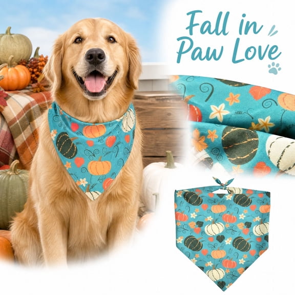 Fall Dog Bandana with Adjustable Tie Closure, 1 Pack, Teal Pumpkin Print, for Dogs and Cats, Pet Accessories