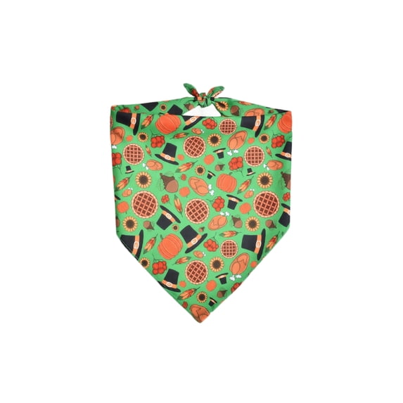 Fall Dog Bandana with Pumpkin and Pie Print, Green Thanksgiving Design, for Small Dogs and Cats, Tie-On Pet Accessory