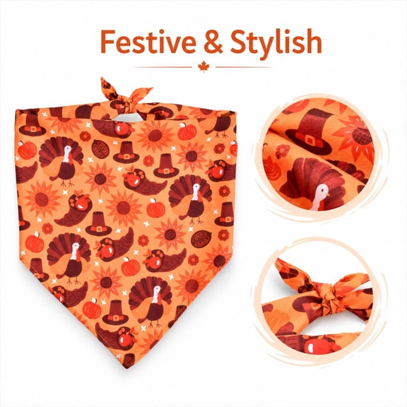 Fall Dog Bandana with Thanksgiving Turkey and Pumpkin Print, 1 Piece, Orange Pattern for Small Dogs and Cats, Pet Bandana