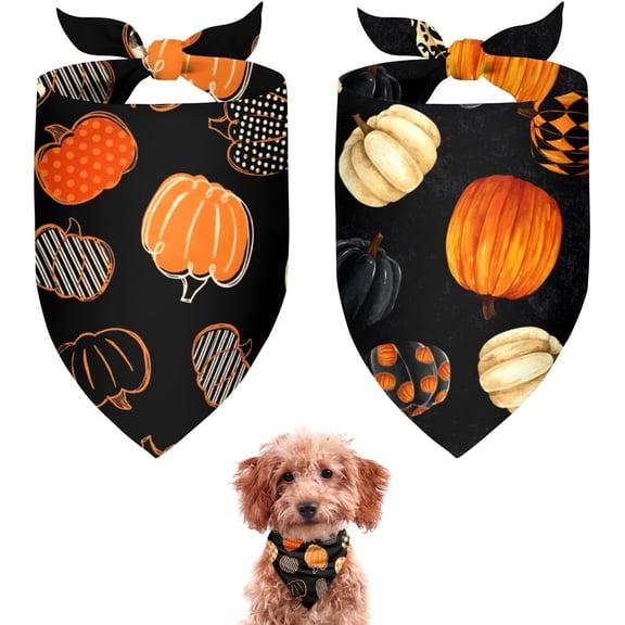Fall Dog Bandanas 2 Pack,Halloween Thanksgiving Pumpkin Polka Dots Checkered Reversible Adjustable Triangle Pet Scarves for Boy and Girl,Autumn Decor Dog Bandana for Small Medium Large Dogs(Medium)