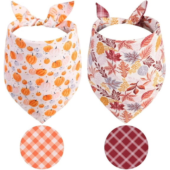 Fall Dog Bandanas 2PCS-Large, Halloween Thanksgiving Pumpkin and Leaf Bibs Scarf, Reversible Buffalo Plaid Triangle Breed, Puppy Bandanas for Large Medium Girl Boy Dogs Pets Gift