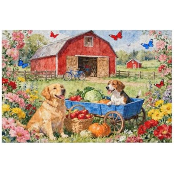 Fall Dog Garden Harvest Jigsaw Puzzle for Adults 1000 Pieces, Autumn Nature Scene, Colorful Leaves & Pumpkin Artwork, Perfect Family Game Night & Gift
