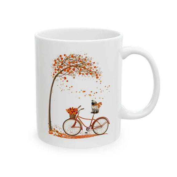 Fall Dog Mug Pug Riding Bicycle Autumn Leaves Dog Lover Gift Coffee Tea Cup