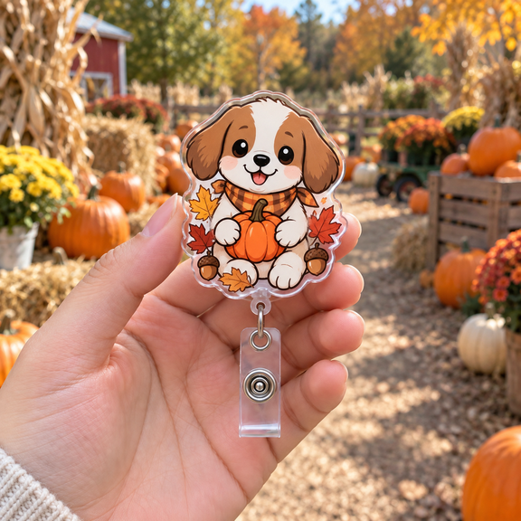 Fall Dog Plaid Bandana Pumpkin Patch Badge Reel ID Holder for Nurses