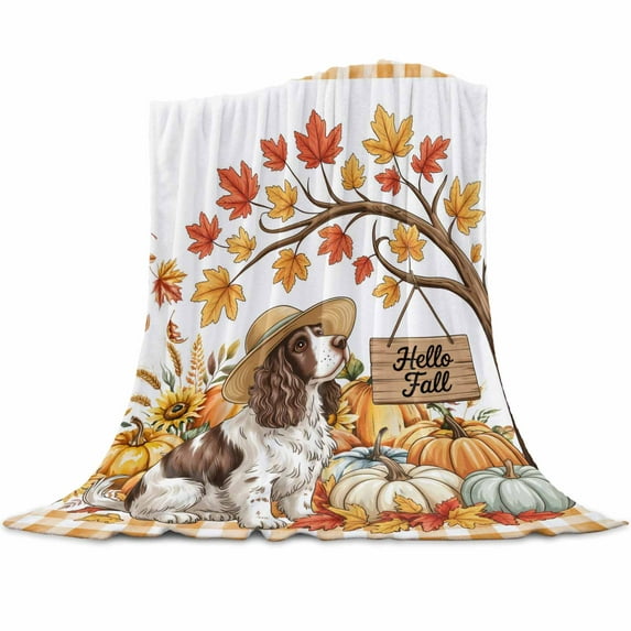 Fall Dog Pumpkin Flannel Blanket for Bed,Travel and Camping, Maple Leaf Floral Super Soft Cozy Blanket for All Seasons 32"x48"