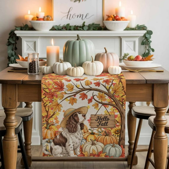 Fall Dog Pumpkin Table Runner, Autumn Thanksgiving Kitchen Dining Table Decoration for Home Party Decor 13x120 Inches