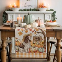 Fall Dog Pumpkin Table Runner, Autumn Thanksgiving Kitchen Dining Table Decoration for Home Party Decor 13x36 Inches